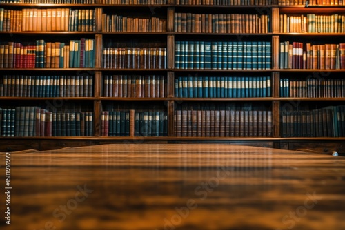 Wooden bookshelves filled with aged books,  a library scene