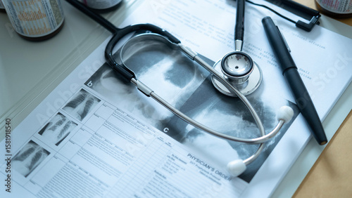 Stethoscope and medical report showing X-ray images on a desk, healthcare concept.