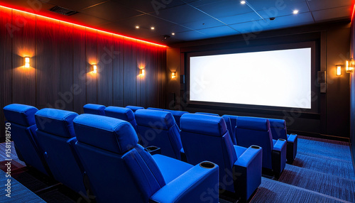 A vibrant mini theater with red, teal, and yellow reclining chairs, LED ceiling stars, colorful carpet, and fun wall decals of famous movie characters