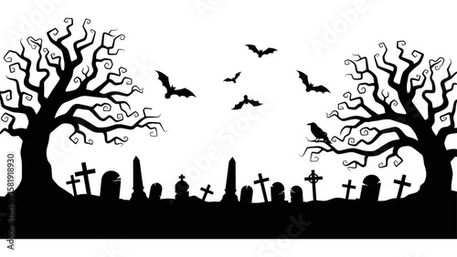 Haunted Graveyard Silhouette with Twisted Trees, Bats, and Tombstones – Halloween Background