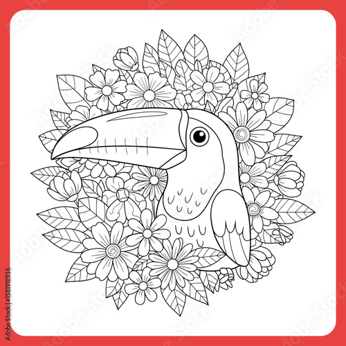 Coloring book tropical bird design Cute Toucan Coloring Page vector illustration