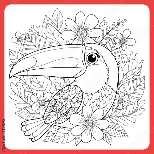 Coloring book tropical bird design Cute Toucan Coloring Page vector illustration