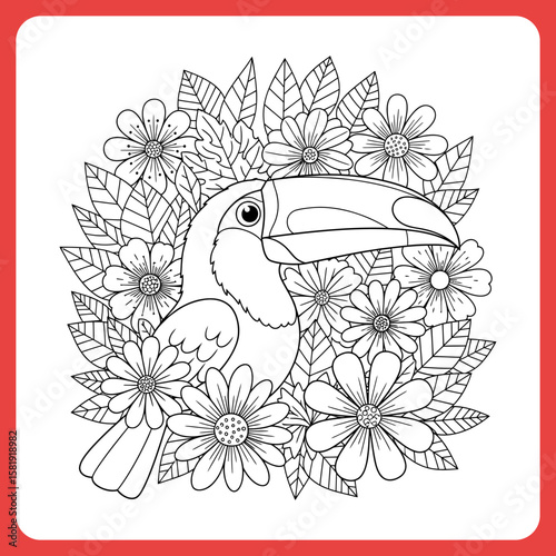 Coloring book tropical bird design Cute Toucan Coloring Page vector illustration