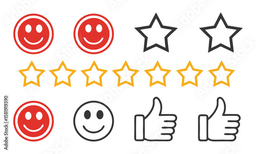 Customer Satisfaction Icon Set with Ratings and Feedback line art.