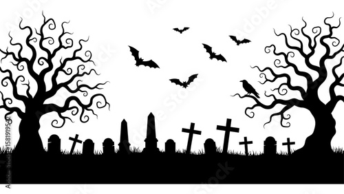Haunted Graveyard Silhouette with Twisted Trees, Bats, and Tombstones – Halloween Background