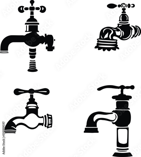Stylized Quartet of Faucet Silhouettes Featuring Ornate, Traditional, and Modern Variations Showcased in Bold Black Minimalist Design