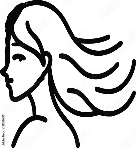 Stylized silhouette head and shoulders anime portrait, facing left, of a young woman, with long, flowing, wavy hair.