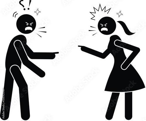 Angry stickman couple arguing with each other, simple black and white illustration showing conflict in a relationship.