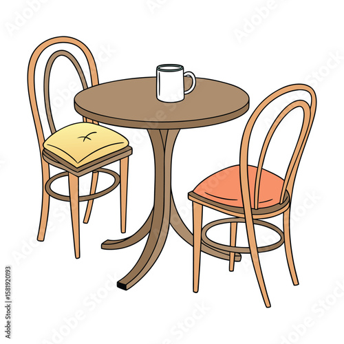 Two simple wooden chairs with arched backs sit next to a small, round wooden table in an orange-brown color.