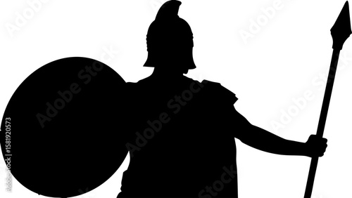 Silhouette of a spartan warrior holding a shield and spear ready for battle in ancient times era scene