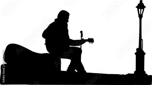 Silhouette of a man playing guitar sitting on a bench next to a street lamp in black and white art
