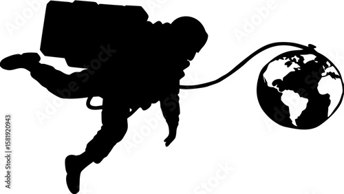 Silhouette of an astronaut floating in space tethered to the earth in a black and white illustration