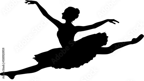 Silhouette of a ballerina in a leap with arms extended and wearing a tutu in a dance pose form