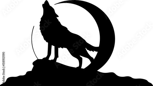 Silhouette of a wolf howling at the moon standing on a rocky terrain in a black and white illustration