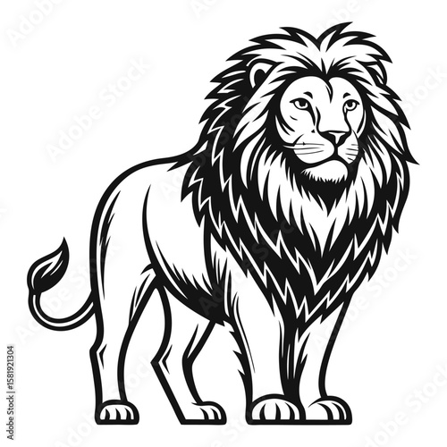 Silhouette of a majestic male lion standing facing forward in profile view.