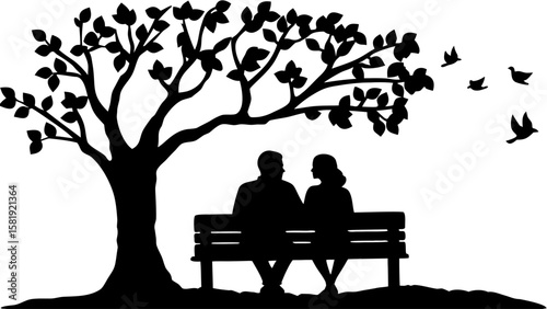 Silhouette of couple on bench under tree with leaves and birds in flight against white background view