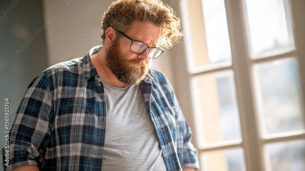 Obraz premium Contemplative man in a sunlit room emotional portrait indoor setting thoughtful mood