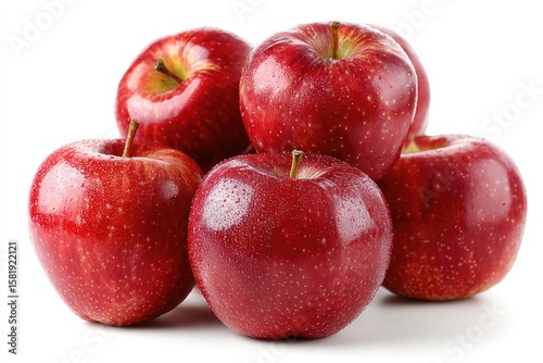 A cluster of six glossy, red apples, plump and slightly dewy, rests on a stark white background. The apples are arranged in a pyramid shape, showcasing their vibrant color and smooth skin