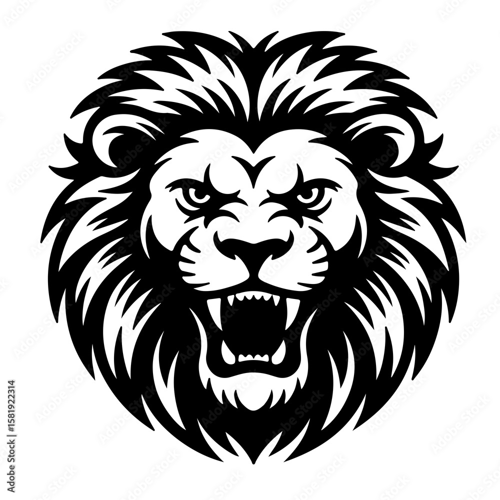 Obraz premium Angry Roaring Lion Head Black and White Vector Illustration.