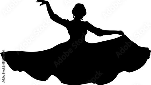 Silhouette of a woman in a dress dancing with arms raised and skirt flowing elegantly in motion pose