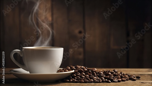 A steaming cup of fresh coffee sits amidst roasted beans on a rustic wooden table, evoking warmth and a rich aroma for coffee lovers.