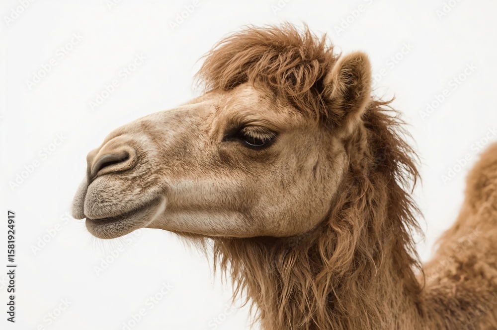 Fototapeta premium Fluffy camel portrait, desert backdrop, zoo setting, animal print