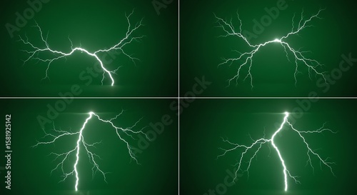 Four different white lightning bolt strikes illuminating a dark green background with electric energy and power