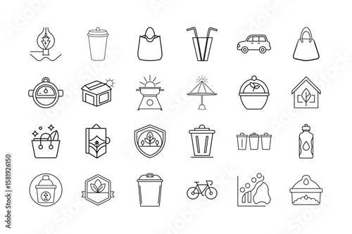 Eco Habits and Sustainable Living Icon Set – Minimal Line Icons for Green Lifestyle, Zero Waste, Recycling, and Eco-Friendly Practices