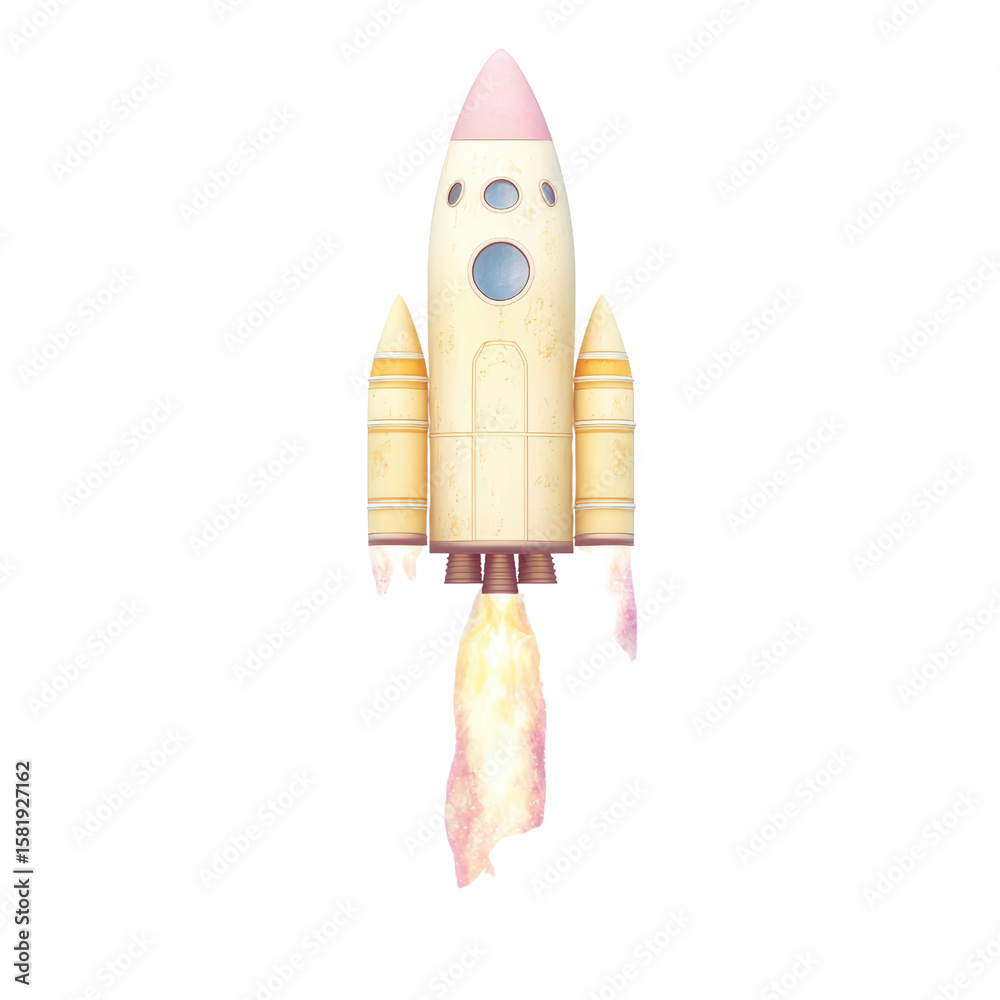 Obraz premium Cute cartoon rocket ship launching with fire and smoke in sky, colorful space vehicle illustration