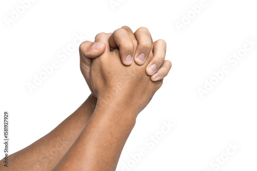male hands praying isolated on white background. religion or spirituality concept. transparent png