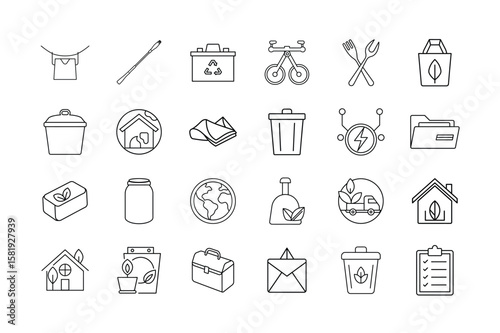 A clean line icon collection symbolizing eco-conscious habits, green energy, recycling, sustainable homes, and zero-waste living