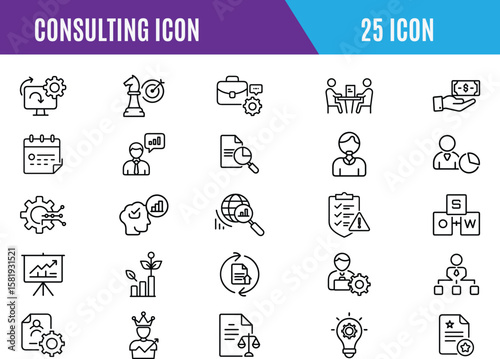 Set of 25 outline icons related to consulting. consulting, strategy, analysis, problem solving, solutions, Linear icon collection. Editable stroke. 