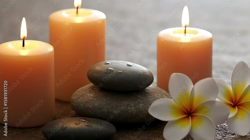 Lighted candles with smooth stones and frangipani flowers arranged on a textured surface. Concept of a calm and peaceful atmosphere Lighted candles with smooth stones and frangipani flowers arranged on a textured surface. Concept of a calm and peaceful atmosphere
