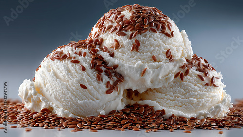 Creamy ice cream topped with crunchy flaxseeds, creating delightful treat