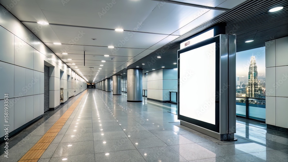 Naklejka premium Billboard Display in Modern Hallway Under Lights for Commercial or Directional Use