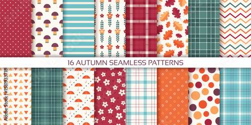 Autumn pattern. Seamless backgrounds in fall design. Set autumnal textures with leaves, dots, check, stripes, zigzag, mushroom. Harvest prints. Seasonal geometric backdrops. Vector illustration.