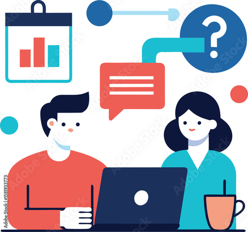 Discussion Scene In Flat Style With Laptop And Coffee
