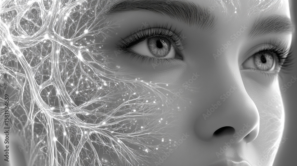 Obraz premium An artistic grayscale depiction of a woman's face with an interconnected neural network overlay