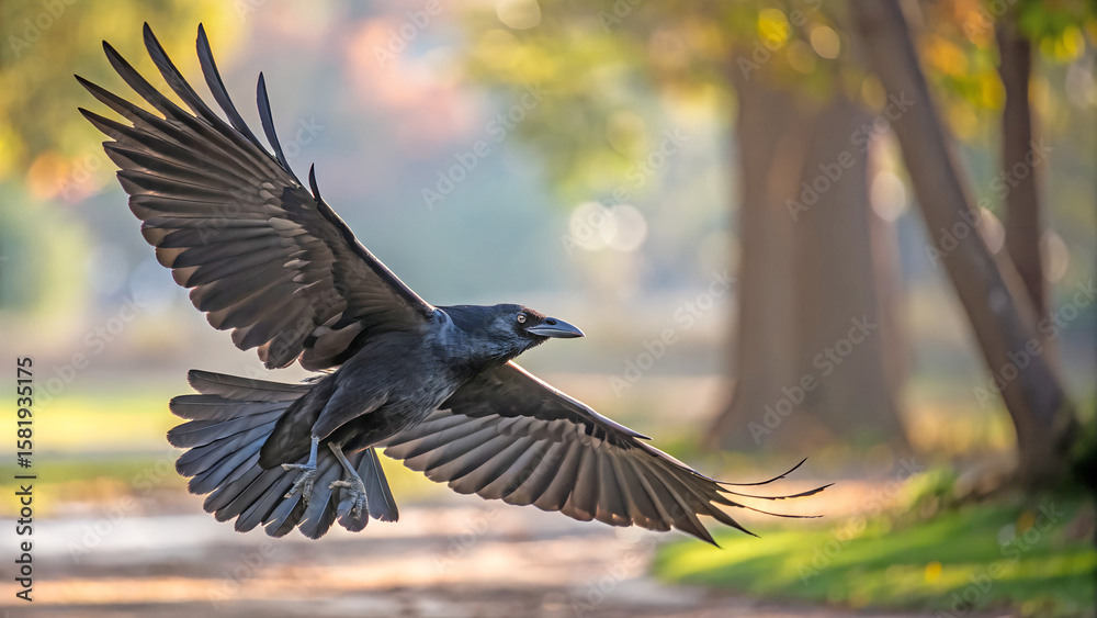 Obraz premium Jungle Crow Flying with Spread Wings and Colorful Blurred Background