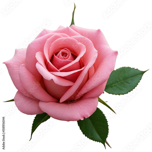 Pink Rose: A close-up shot of a delicate, vibrant pink rose, perfectly in bloom, with lush green leaves, radiating beauty and serenity.