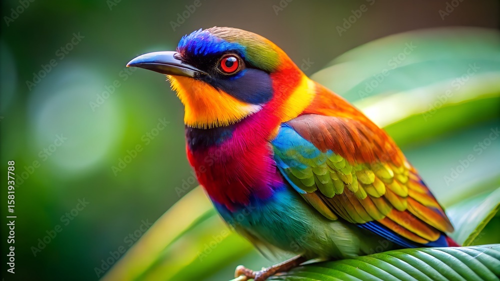 Obraz premium Tropical Bird Flying with Spread Wings and Colorful Blurred Background
