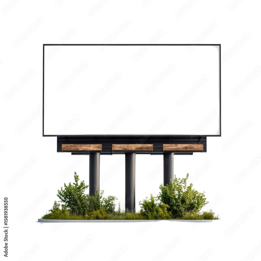 Obraz premium Large empty rectangular billboard stand with lush greenery and grass at base on a white background