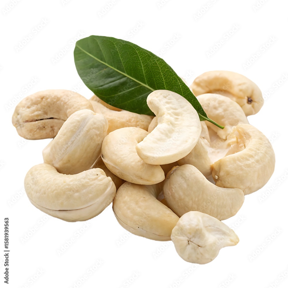 Fresh cashew nut with smooth grey shell and attached vibrant green leaf, isolated on transparent background. Fresh cashew nut with smooth grey shell and attached vibrant green leaf, isolated on transparent background.