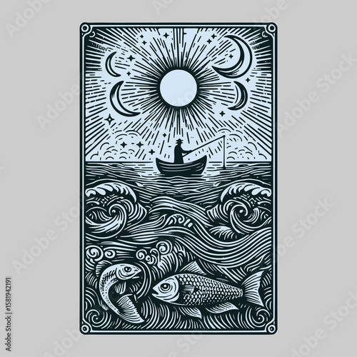 retro vector card depicting ancient fish monster from cursed fishing trip