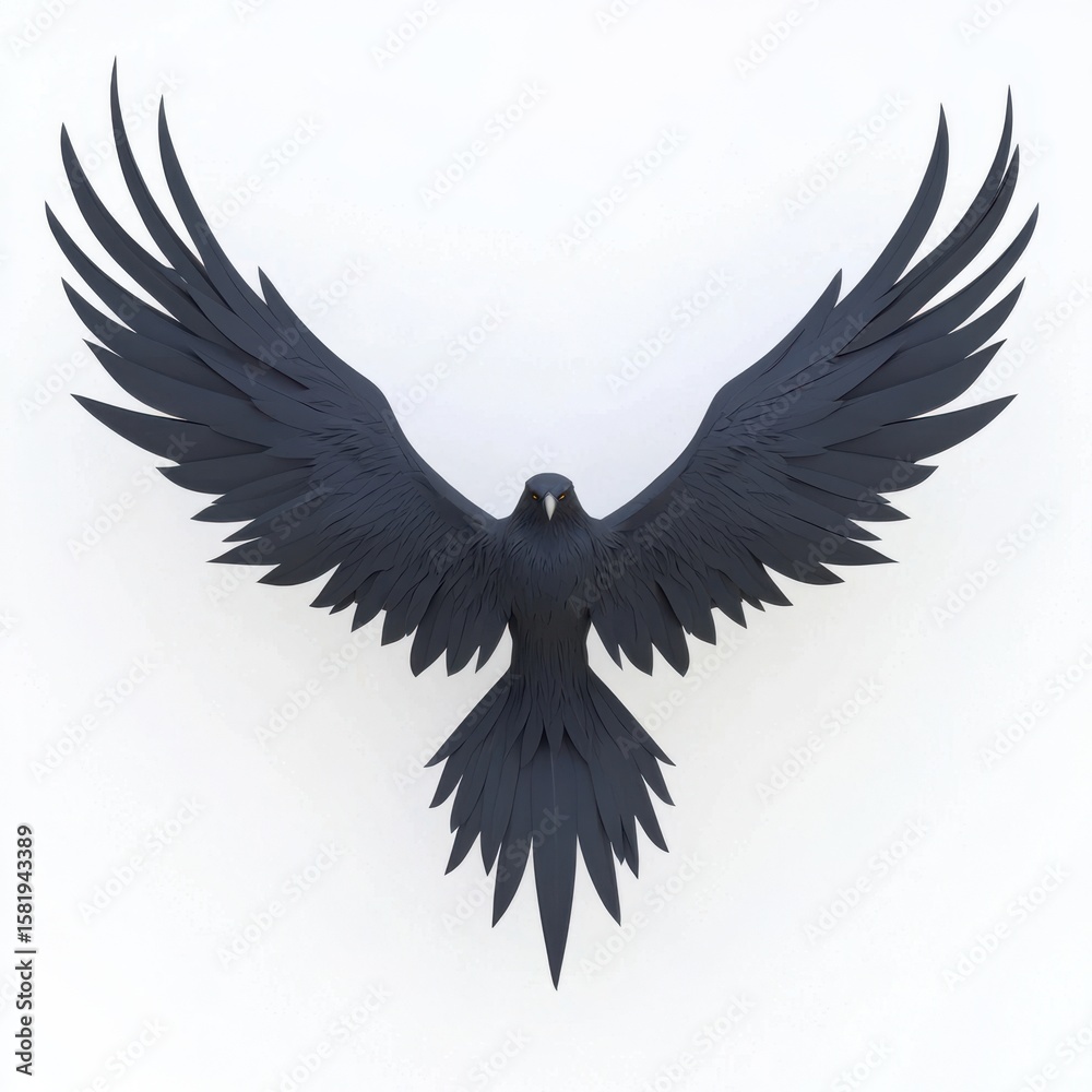 Obraz premium Majestic Black Bird with Outstretched Wings on a White Background