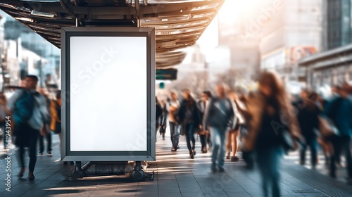 Blank Billboard in Busy City Street: Urban Advertising, Public Space, Marketing, Commercial Real Estate, Pedestrian Traffic