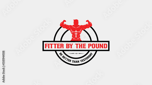 Bold fitness logo with muscular arm and text "Fitter by the Pound," ideal for gyms, personal trainers, supplements, or bodybuilding branding.