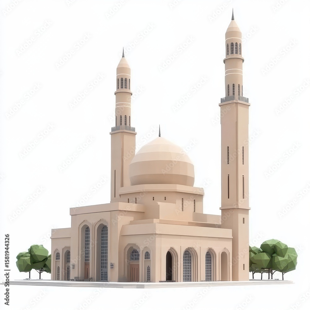 Fototapeta premium Modern Geometric Mosque Design with Tall Minarets and Dome