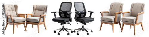 Set of Modern Lounge and Office Chairs with Fabric Upholstery, Transparent Background