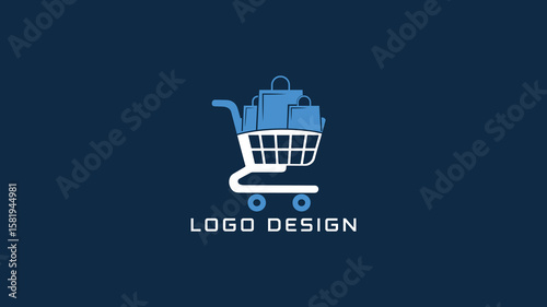 Bold shopping cart logo on a blue background, ideal for ecommerce platforms, retail apps, delivery services, or online store branding.